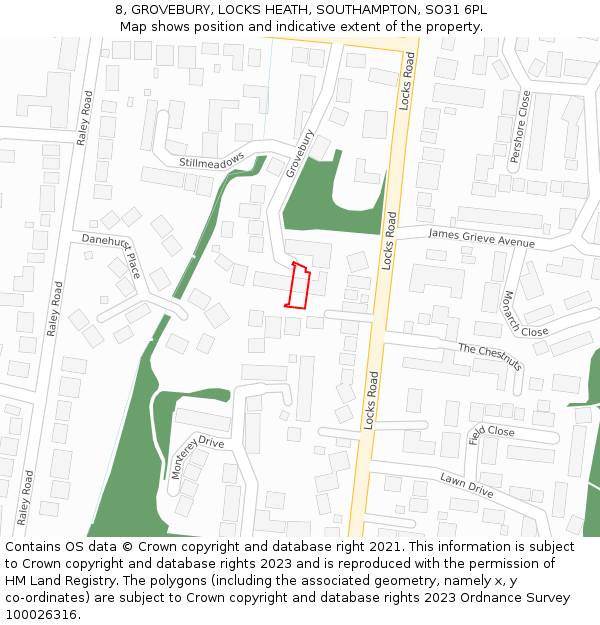 8, GROVEBURY, LOCKS HEATH, SOUTHAMPTON, SO31 6PL: Location map and indicative extent of plot