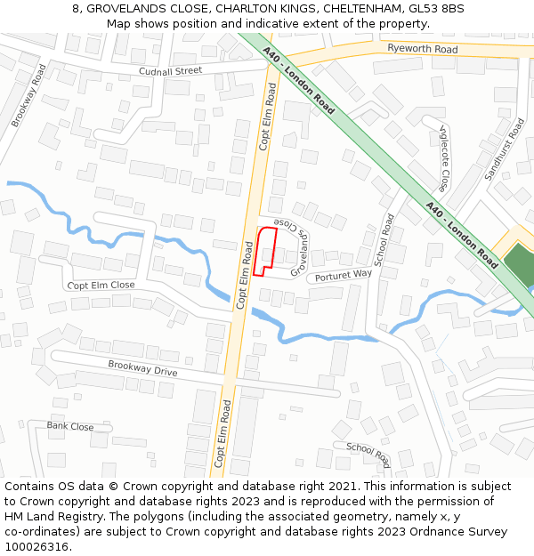 8, GROVELANDS CLOSE, CHARLTON KINGS, CHELTENHAM, GL53 8BS: Location map and indicative extent of plot