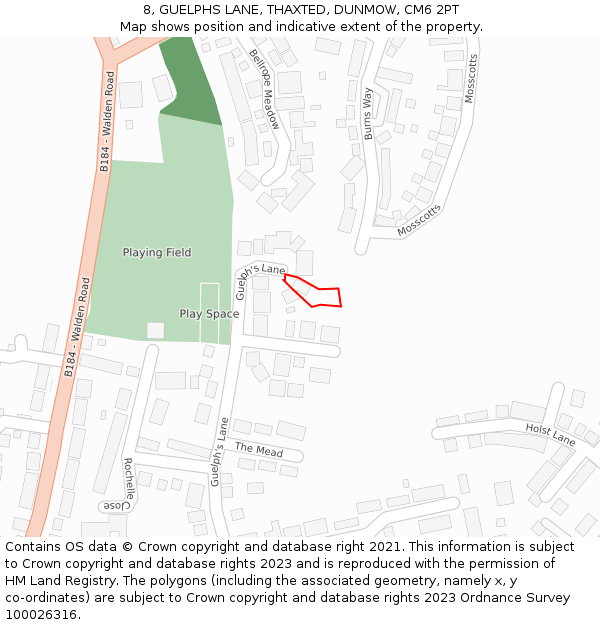 8, GUELPHS LANE, THAXTED, DUNMOW, CM6 2PT: Location map and indicative extent of plot