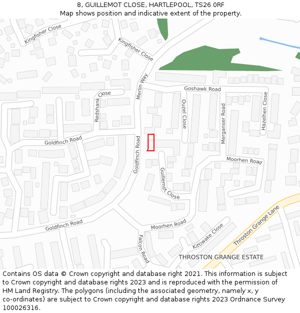 8, GUILLEMOT CLOSE, HARTLEPOOL, TS26 0RF: Location map and indicative extent of plot