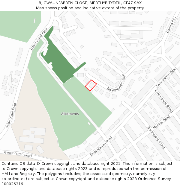 8, GWAUNFARREN CLOSE, MERTHYR TYDFIL, CF47 9AX: Location map and indicative extent of plot