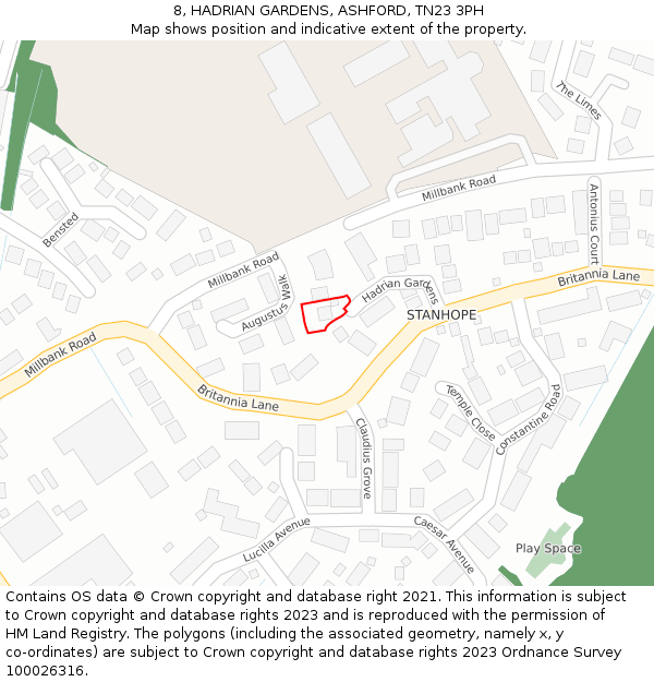 8, HADRIAN GARDENS, ASHFORD, TN23 3PH: Location map and indicative extent of plot