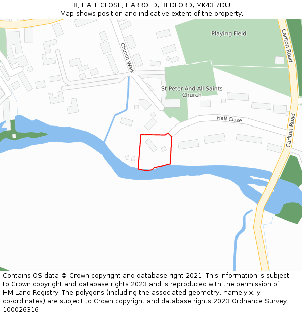 8, HALL CLOSE, HARROLD, BEDFORD, MK43 7DU: Location map and indicative extent of plot