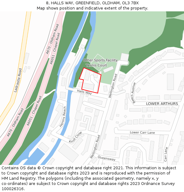 8, HALLS WAY, GREENFIELD, OLDHAM, OL3 7BX: Location map and indicative extent of plot