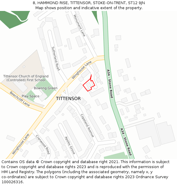 8, HAMMOND RISE, TITTENSOR, STOKE-ON-TRENT, ST12 9JN: Location map and indicative extent of plot