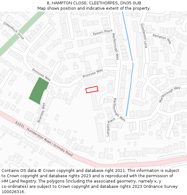 8, HAMPTON CLOSE, CLEETHORPES, DN35 0UB: Location map and indicative extent of plot