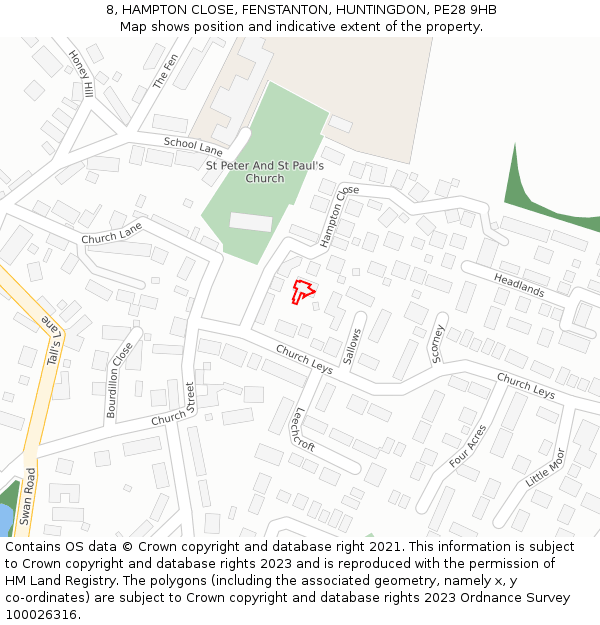 8, HAMPTON CLOSE, FENSTANTON, HUNTINGDON, PE28 9HB: Location map and indicative extent of plot