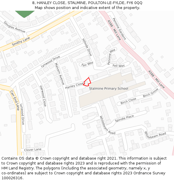 8, HANLEY CLOSE, STALMINE, POULTON-LE-FYLDE, FY6 0QQ: Location map and indicative extent of plot