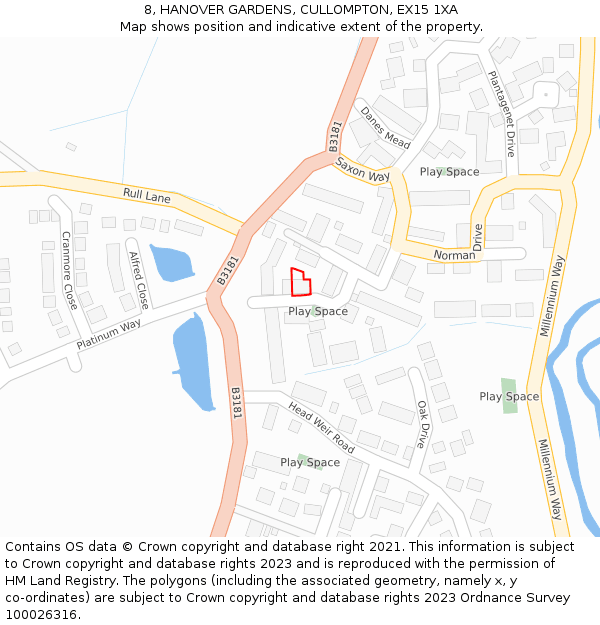 8, HANOVER GARDENS, CULLOMPTON, EX15 1XA: Location map and indicative extent of plot