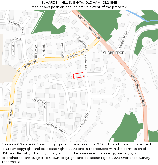 8, HARDEN HILLS, SHAW, OLDHAM, OL2 8NE: Location map and indicative extent of plot