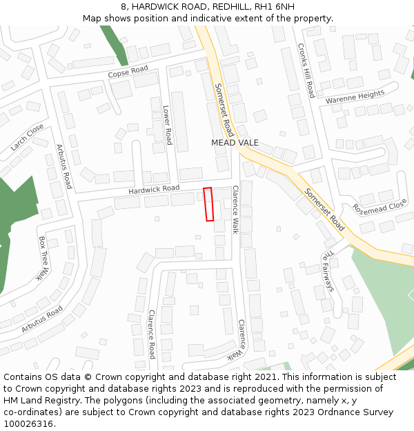 8, HARDWICK ROAD, REDHILL, RH1 6NH: Location map and indicative extent of plot
