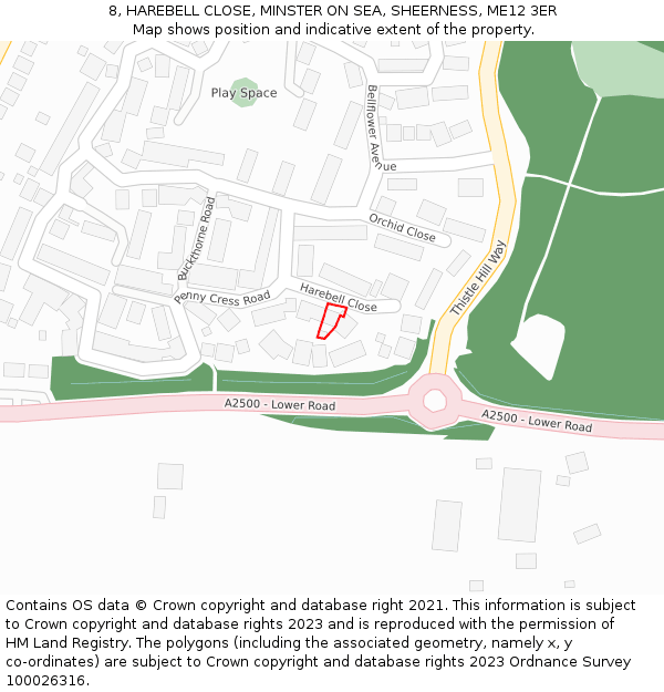 8, HAREBELL CLOSE, MINSTER ON SEA, SHEERNESS, ME12 3ER: Location map and indicative extent of plot