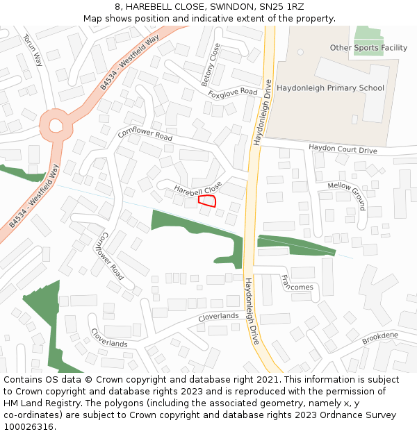 8, HAREBELL CLOSE, SWINDON, SN25 1RZ: Location map and indicative extent of plot