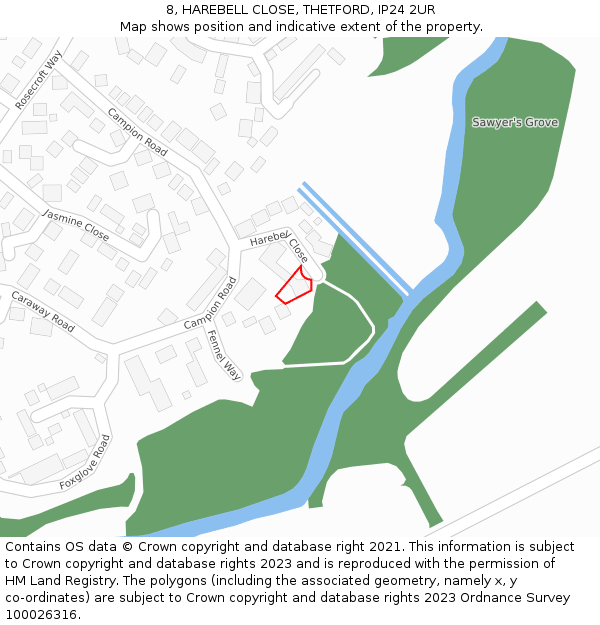 8, HAREBELL CLOSE, THETFORD, IP24 2UR: Location map and indicative extent of plot