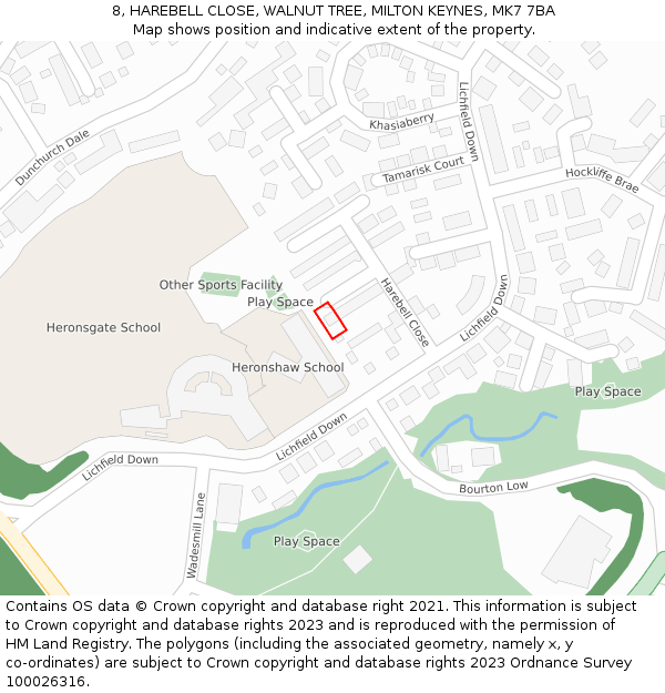 8, HAREBELL CLOSE, WALNUT TREE, MILTON KEYNES, MK7 7BA: Location map and indicative extent of plot