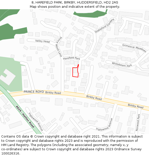 8, HAREFIELD PARK, BIRKBY, HUDDERSFIELD, HD2 2AS: Location map and indicative extent of plot
