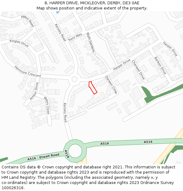 8, HARPER DRIVE, MICKLEOVER, DERBY, DE3 0AE: Location map and indicative extent of plot
