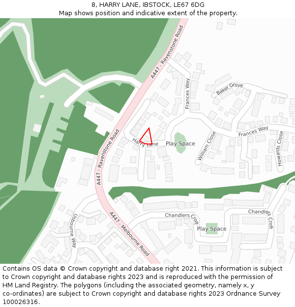 8, HARRY LANE, IBSTOCK, LE67 6DG: Location map and indicative extent of plot