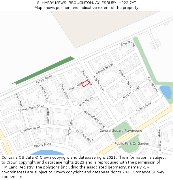 8, HARRY MEWS, BROUGHTON, AYLESBURY, HP22 7AT: Location map and indicative extent of plot