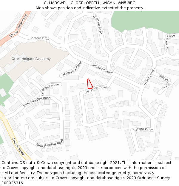 8, HARSWELL CLOSE, ORRELL, WIGAN, WN5 8RG: Location map and indicative extent of plot