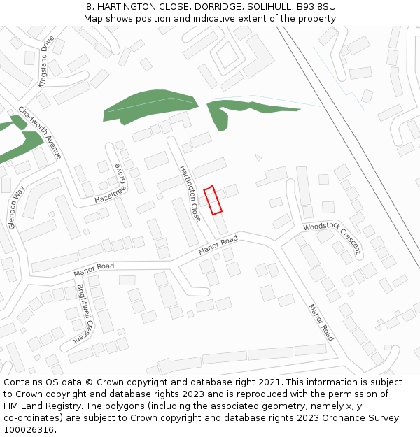 8, HARTINGTON CLOSE, DORRIDGE, SOLIHULL, B93 8SU: Location map and indicative extent of plot