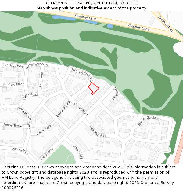 8, HARVEST CRESCENT, CARTERTON, OX18 1FE: Location map and indicative extent of plot