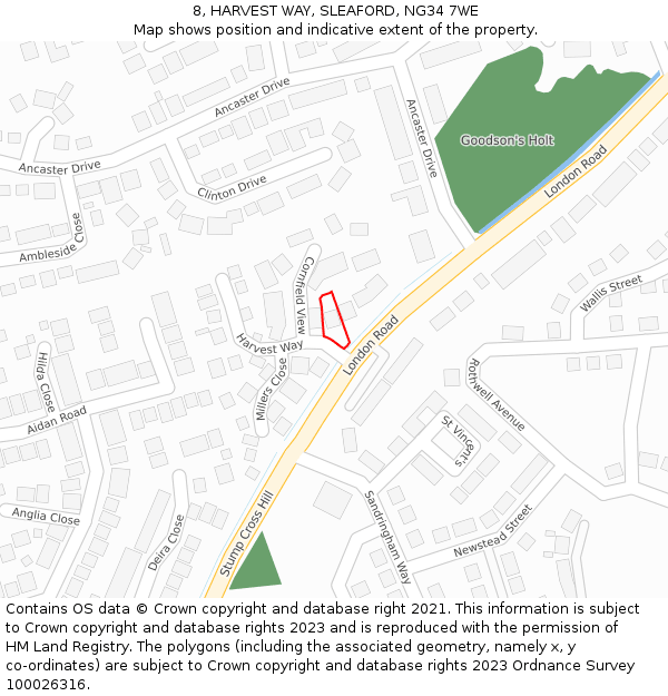 8, HARVEST WAY, SLEAFORD, NG34 7WE: Location map and indicative extent of plot