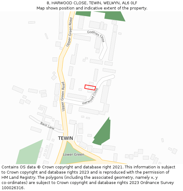 8, HARWOOD CLOSE, TEWIN, WELWYN, AL6 0LF: Location map and indicative extent of plot