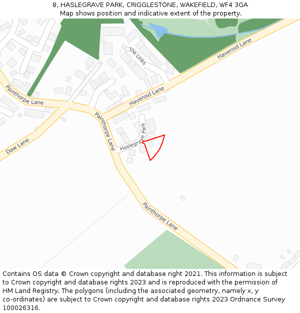 8, HASLEGRAVE PARK, CRIGGLESTONE, WAKEFIELD, WF4 3GA: Location map and indicative extent of plot