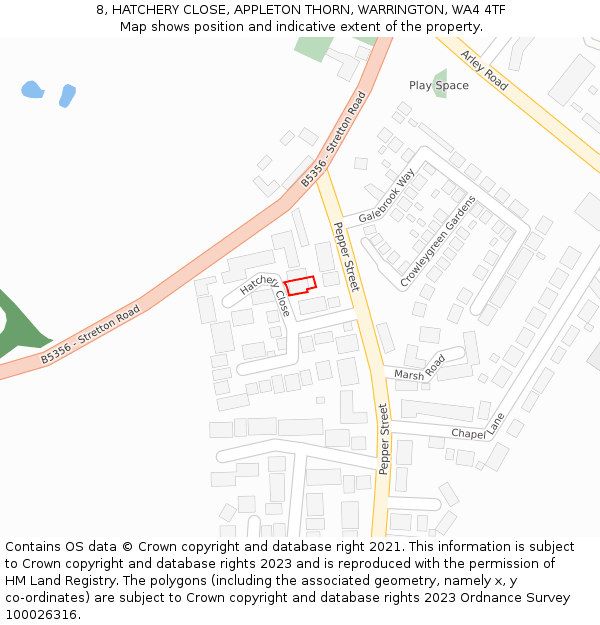 8, HATCHERY CLOSE, APPLETON THORN, WARRINGTON, WA4 4TF: Location map and indicative extent of plot