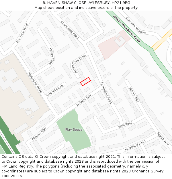 8, HAVEN SHAW CLOSE, AYLESBURY, HP21 9RG: Location map and indicative extent of plot