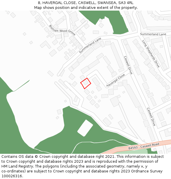 8, HAVERGAL CLOSE, CASWELL, SWANSEA, SA3 4RL: Location map and indicative extent of plot