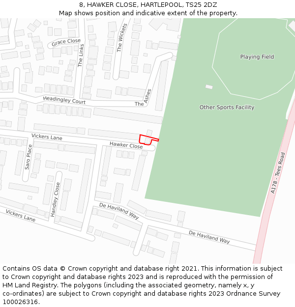 8, HAWKER CLOSE, HARTLEPOOL, TS25 2DZ: Location map and indicative extent of plot