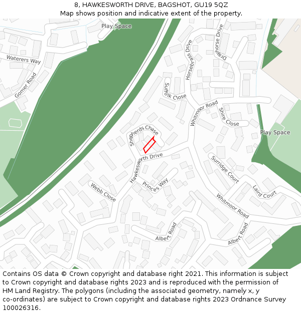 8, HAWKESWORTH DRIVE, BAGSHOT, GU19 5QZ: Location map and indicative extent of plot