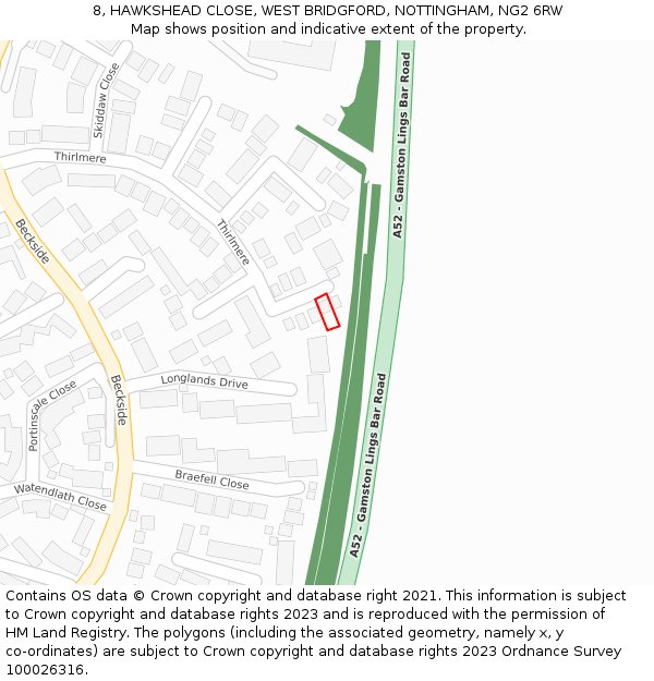 8, HAWKSHEAD CLOSE, WEST BRIDGFORD, NOTTINGHAM, NG2 6RW: Location map and indicative extent of plot