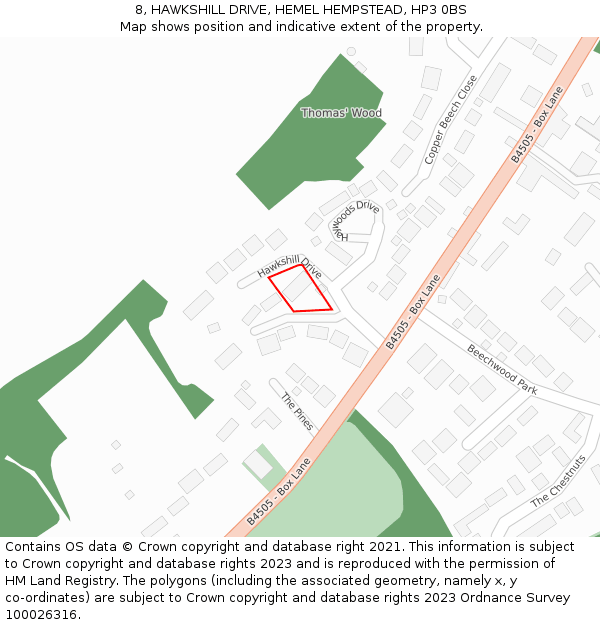 8, HAWKSHILL DRIVE, HEMEL HEMPSTEAD, HP3 0BS: Location map and indicative extent of plot