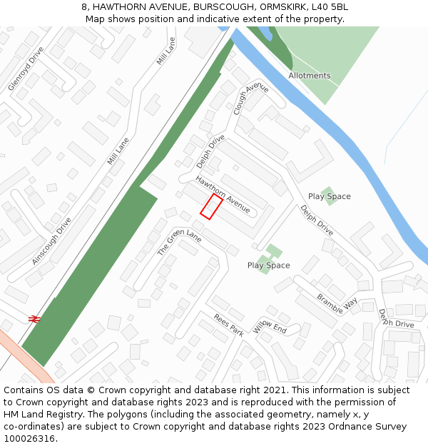 8, HAWTHORN AVENUE, BURSCOUGH, ORMSKIRK, L40 5BL: Location map and indicative extent of plot