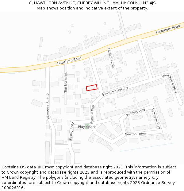 8, HAWTHORN AVENUE, CHERRY WILLINGHAM, LINCOLN, LN3 4JS: Location map and indicative extent of plot