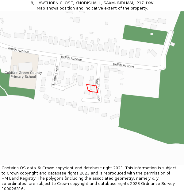 8, HAWTHORN CLOSE, KNODISHALL, SAXMUNDHAM, IP17 1XW: Location map and indicative extent of plot