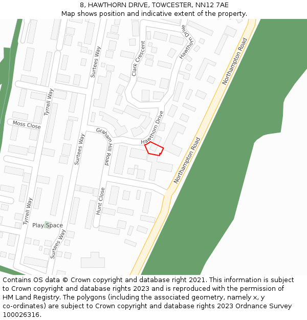 8, HAWTHORN DRIVE, TOWCESTER, NN12 7AE: Location map and indicative extent of plot