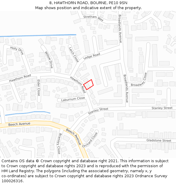 8, HAWTHORN ROAD, BOURNE, PE10 9SN: Location map and indicative extent of plot