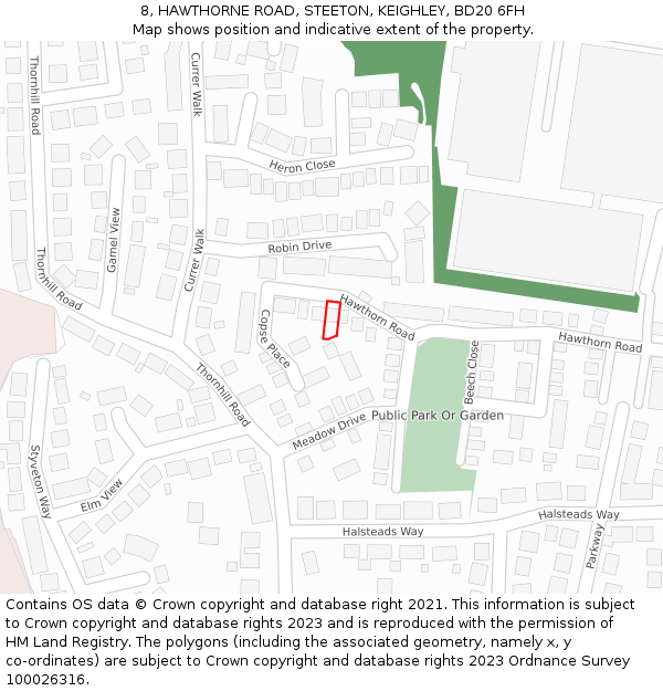 8, HAWTHORNE ROAD, STEETON, KEIGHLEY, BD20 6FH: Location map and indicative extent of plot