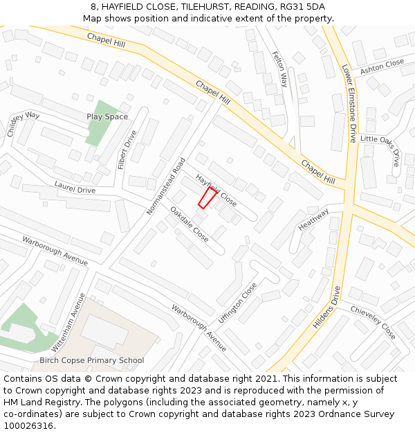 8, HAYFIELD CLOSE, TILEHURST, READING, RG31 5DA: Location map and indicative extent of plot