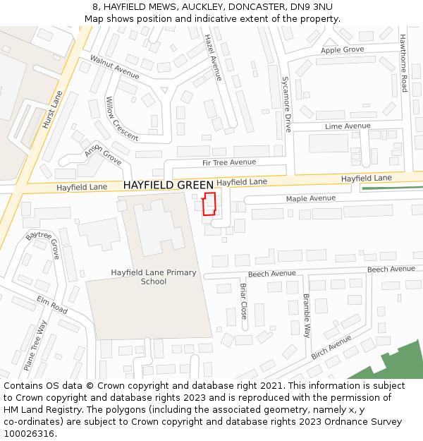 8, HAYFIELD MEWS, AUCKLEY, DONCASTER, DN9 3NU: Location map and indicative extent of plot