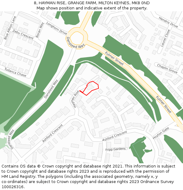 8, HAYMAN RISE, GRANGE FARM, MILTON KEYNES, MK8 0ND: Location map and indicative extent of plot