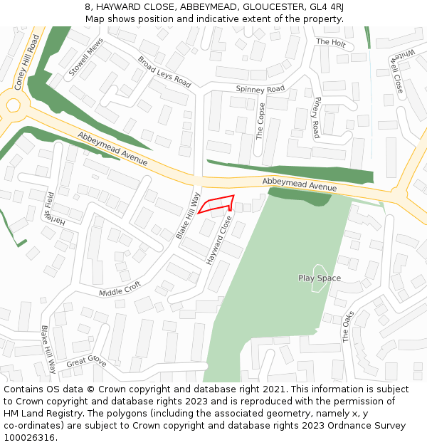 8, HAYWARD CLOSE, ABBEYMEAD, GLOUCESTER, GL4 4RJ: Location map and indicative extent of plot