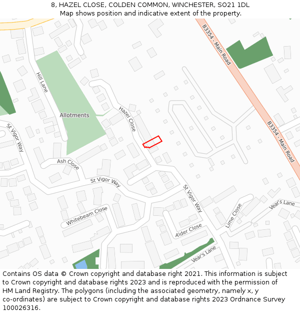 8, HAZEL CLOSE, COLDEN COMMON, WINCHESTER, SO21 1DL: Location map and indicative extent of plot