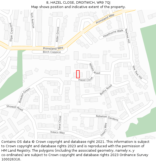 8, HAZEL CLOSE, DROITWICH, WR9 7QJ: Location map and indicative extent of plot