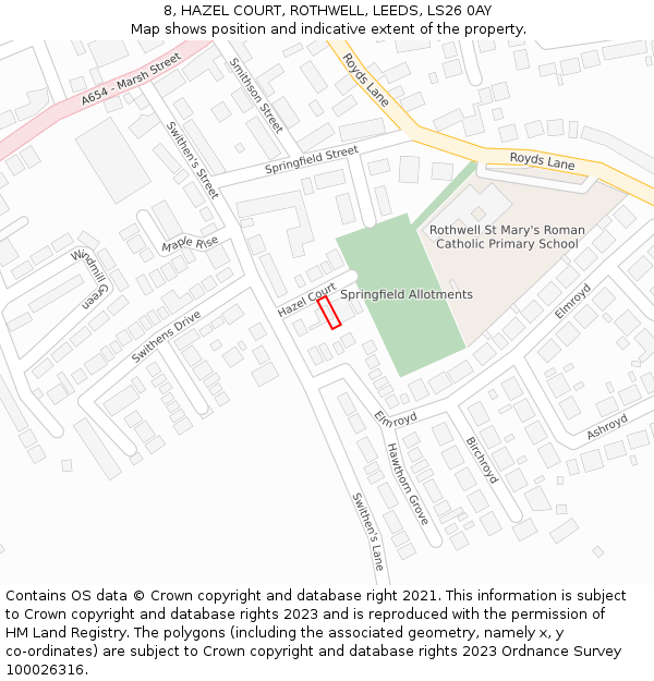 8, HAZEL COURT, ROTHWELL, LEEDS, LS26 0AY: Location map and indicative extent of plot