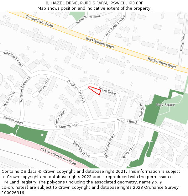 8, HAZEL DRIVE, PURDIS FARM, IPSWICH, IP3 8RF: Location map and indicative extent of plot